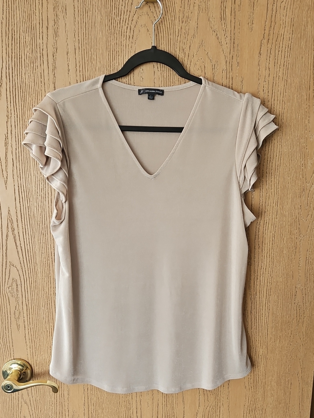 Adrianna Papell Beige V-Neck Blouse with Tiered Flutter Sleeves